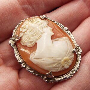 1930 ROMANTIC HANDCARVED SHELL CAMEO "WOMAN WITH FLOWERS ON DRESS & HAIR" PIN D1